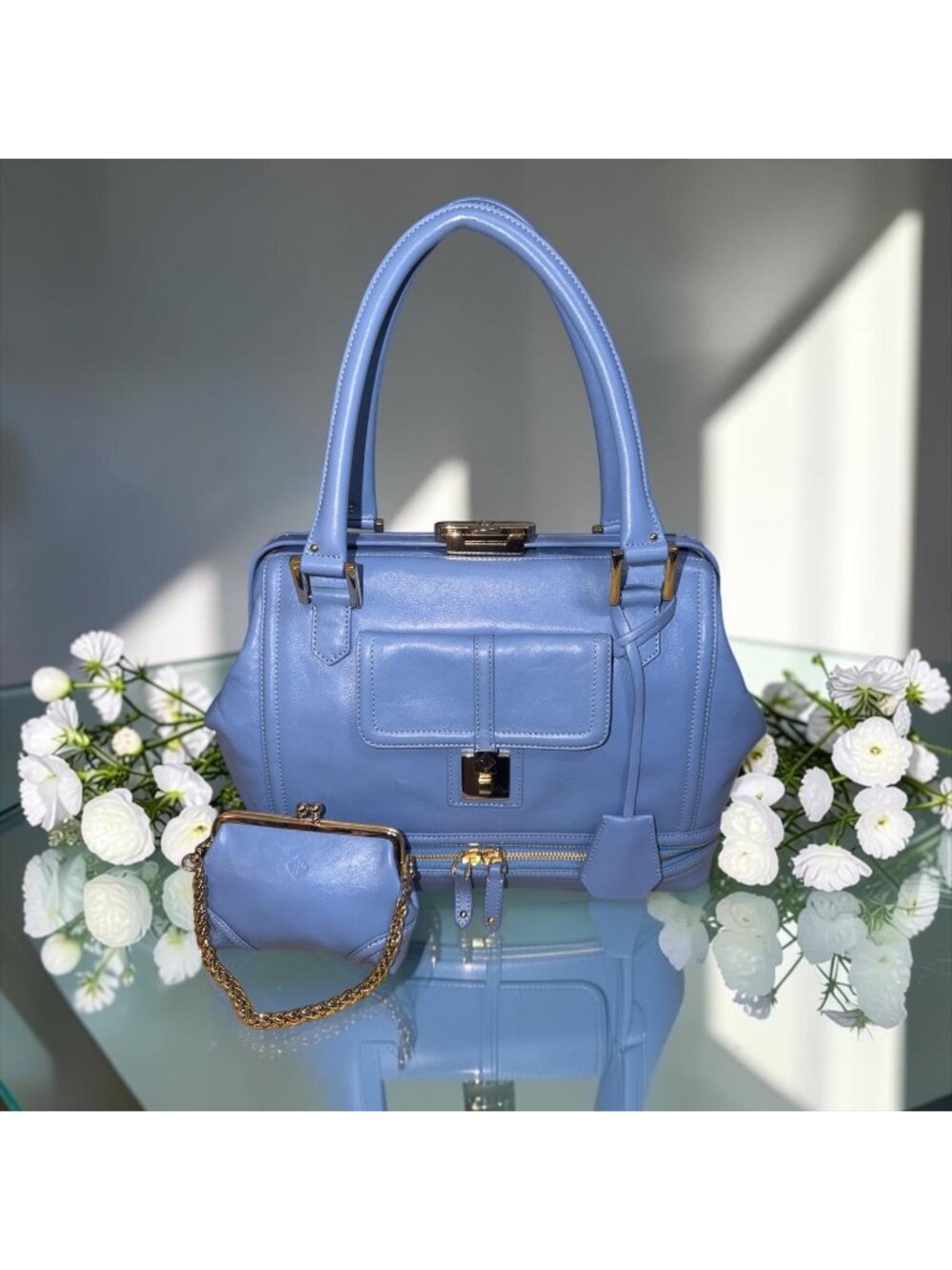 Eileen West Lucia Large Satchel Bluebell Leather Framed Doctors Bag + Coin Purse